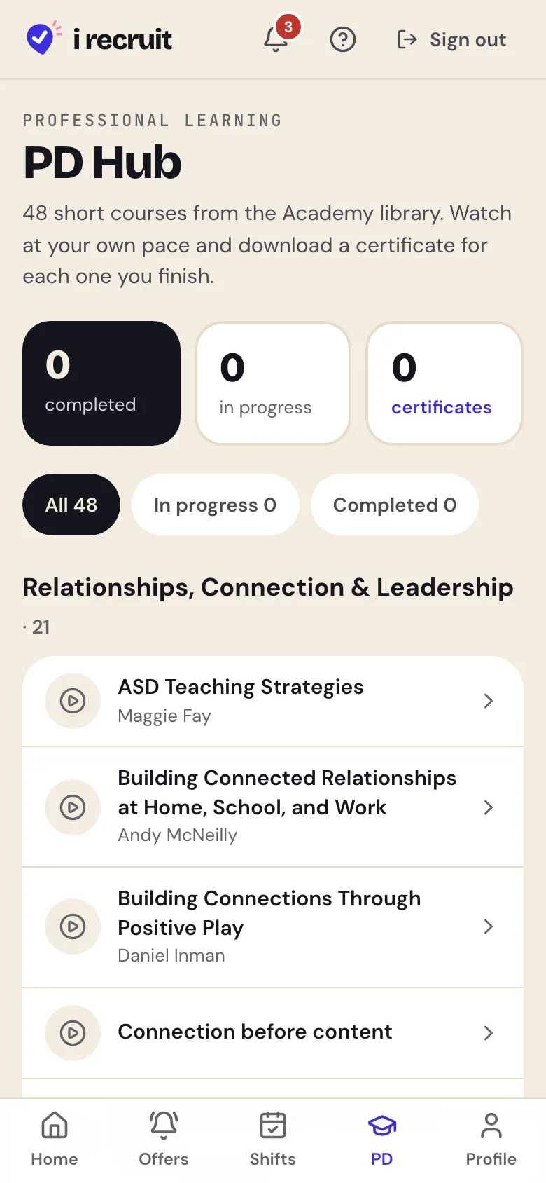 The PD Hub in the I Recruit educator app, listing 48 short courses with completed, in-progress and certificate counts