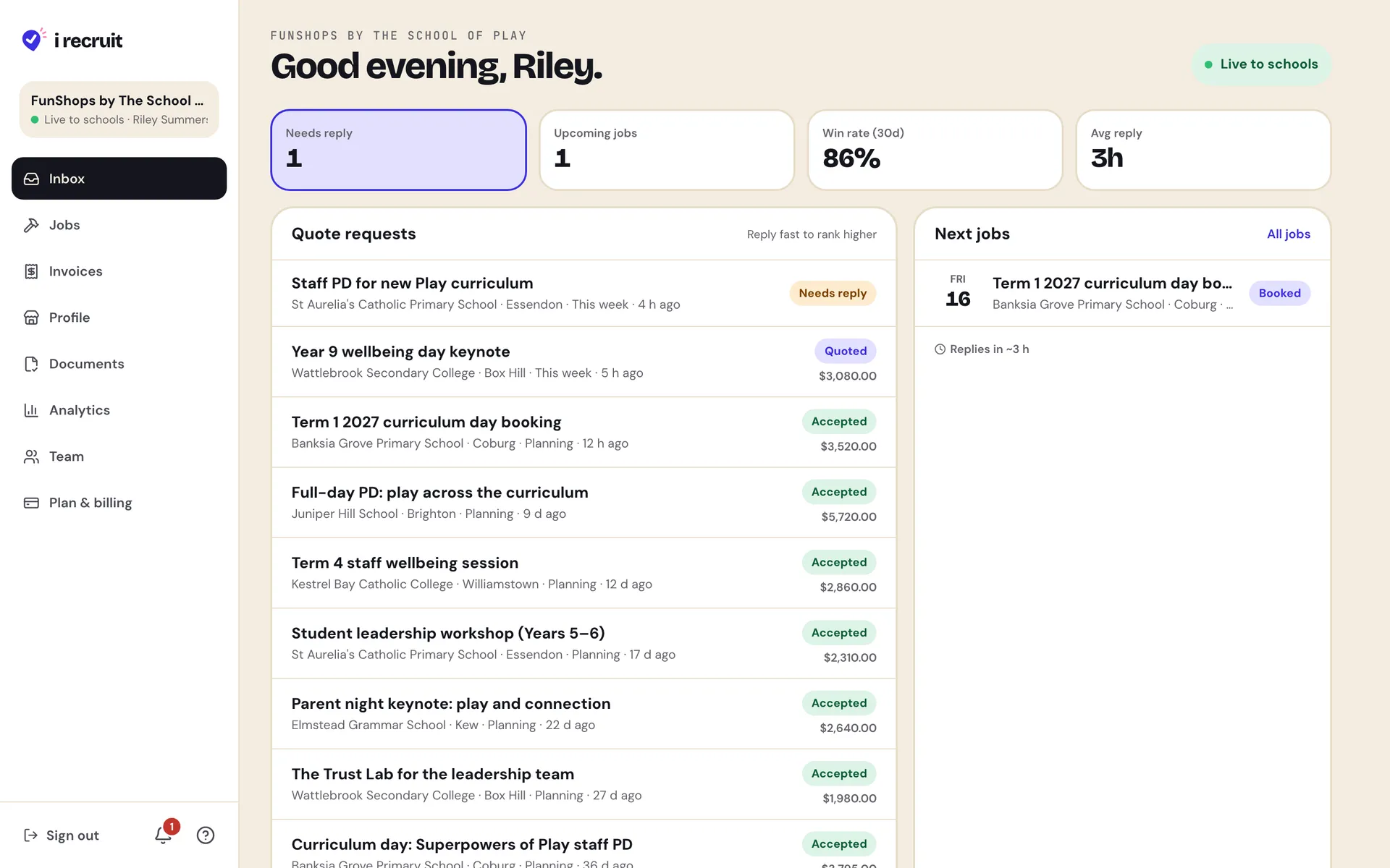Provider inbox: quote requests from schools, win rate and next jobs