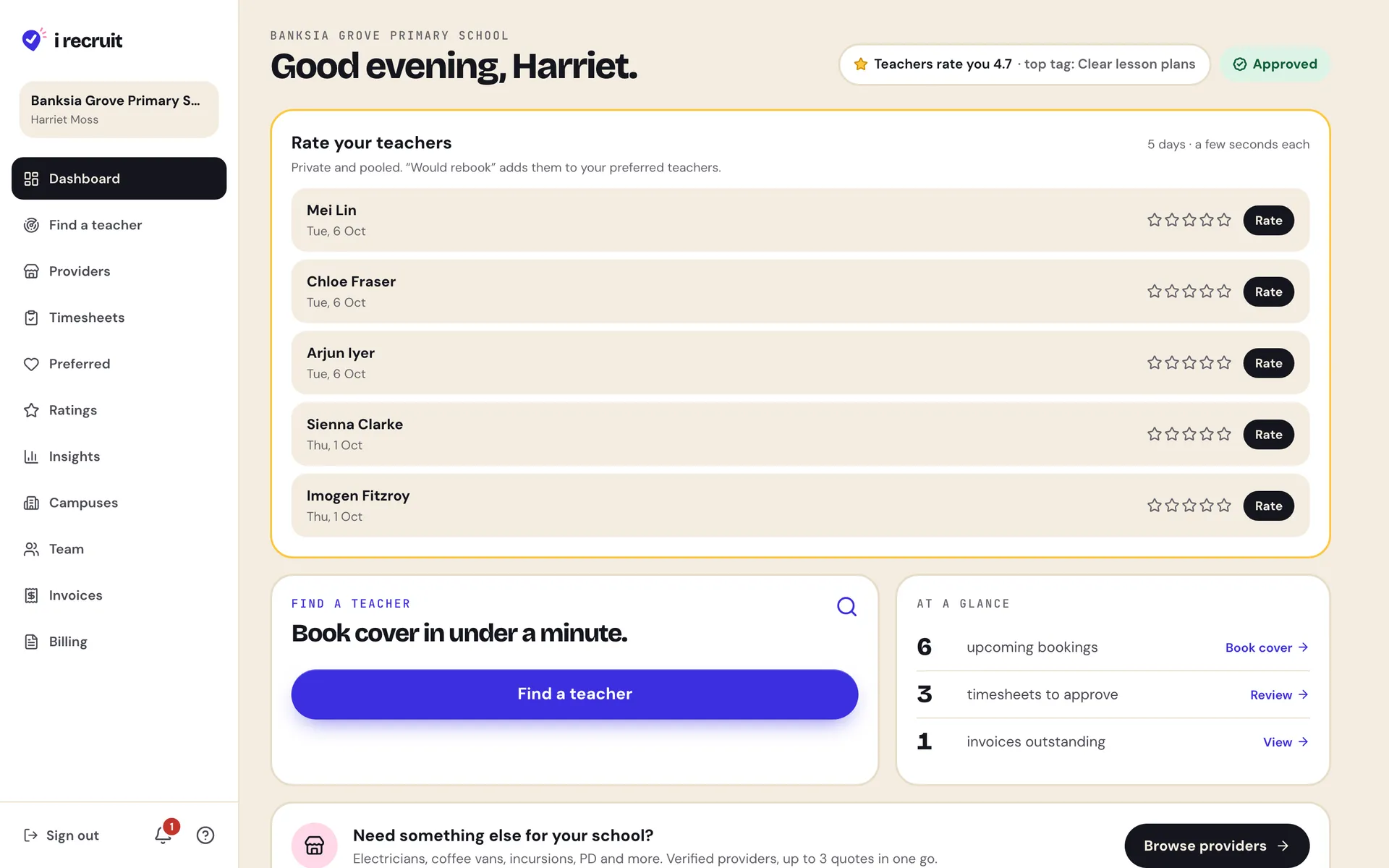The I Recruit school portal dashboard showing today's bookings and live searches